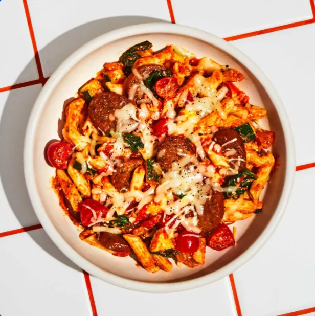 SAUSAGE BAKED PENNE with Sautéed Zucchini and Spinach